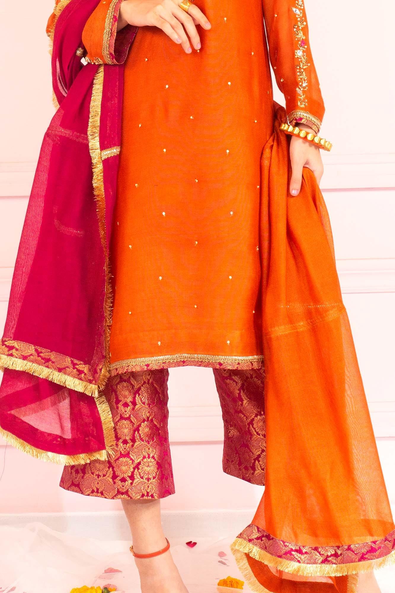 Orange & Pink Khaddi Net Dupatta